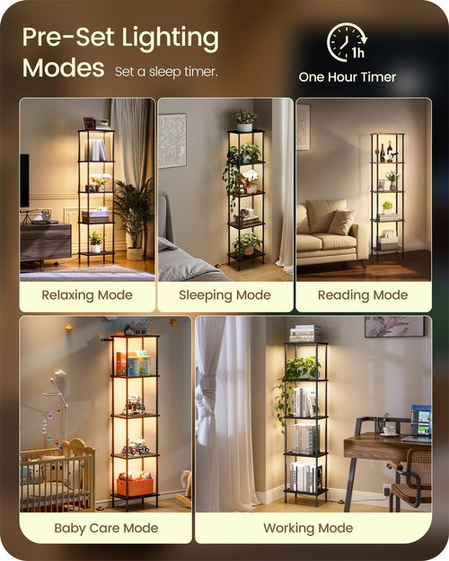 Display Shelf with Light, 5-Tier Shelf Lamp, Corner Floor Lamp with Shelves, Dimmable LED Floor Lamp for Living Room with Remote and Foot Control, 3CCT, Timer, Standing Lamp, Corner Bookshelf
