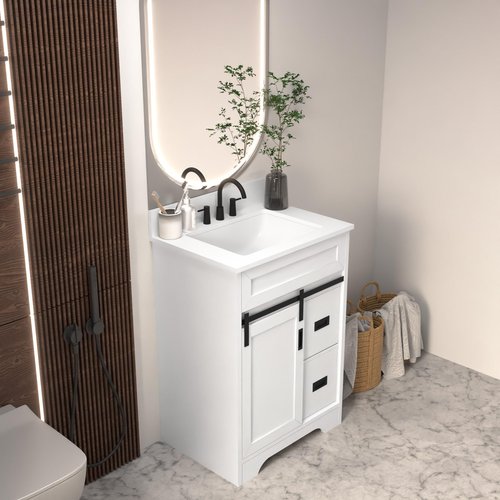 SmartEdge 24 Inch Farmhouse Bathroom Vanity with Sink Combo, White with Sliding Barn Doors and 2 Drawers, Freestanding Bathroom Cabinet, Single Bath Storage Vanity Ceramic Sink, White