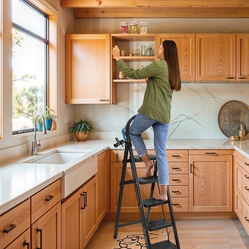 5 Step Ladder with Tool Storage Tray, Folding Step Stool with Wide Anti-Slip Pedal Handle, Sturdy Steel Tall Step Ladder Portable for Adults, 330lbs Capacity Lightweight for Kitchen Home Office, Black