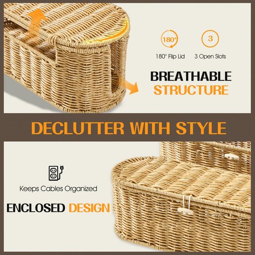 FairyHaus Cable Management Box 2Pack Caramel, Handwoven Large and Small Cable Organizer Box Cover to Hide Cords and Power Strip, Imitation Wicker Cord Organizer Box Hider for Office Desk and Floor