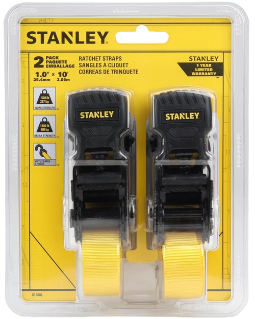 STANLEY S10002 Black/Yellow 1" x 10' Ratchet Tie Down Straps - 500 lb Safe Working Load / 1,500 lbs Break Strength, 2 Pack