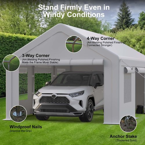 GarveeLife Heavy Duty Carport, Portable Garage with 4 Doors & 4 Window，Upgraded Carport with Reinforced Steel Poles, Uv Resistant All-Season Waterproof Tarp, for Car, Truck, Boat