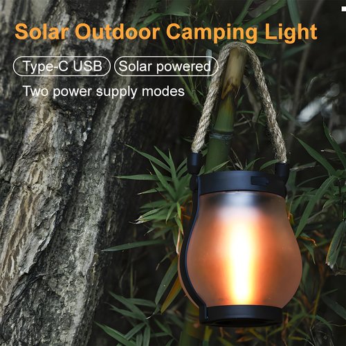 Flickering Flame Solar Lanterns, Camping Lantern Outdoor Lights, Automatic Light Sensor, Solar & USB-C Charging, Waterproof Hanging Lantern for Pathway Yard Patio Porch Garden Decor (1PCS)