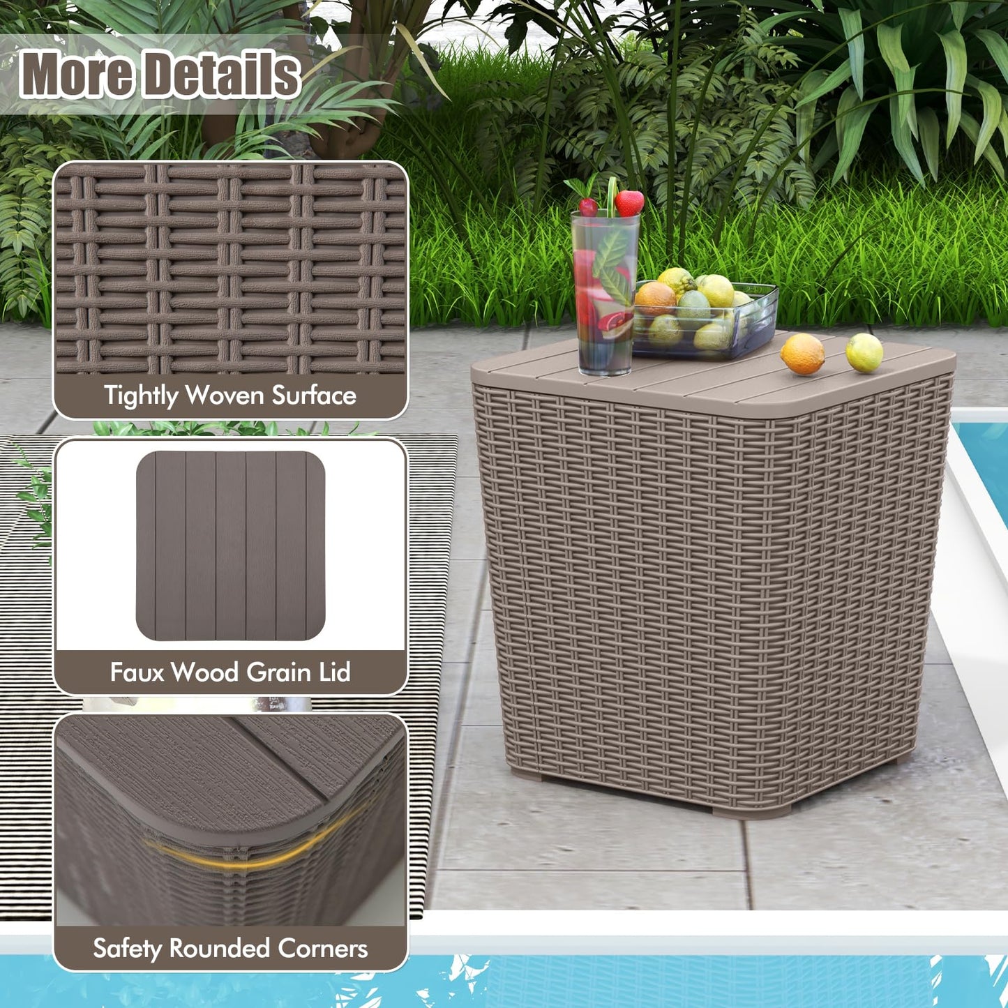 Tangkula 11.5 Gallon Water-proof Deck Box, Outdoor Patio Storage Box w/Removable Lid &, Faux Rattan Storage Container Side Table, All Weather Patio Furniture Extra Seat for Poolside (Brown)