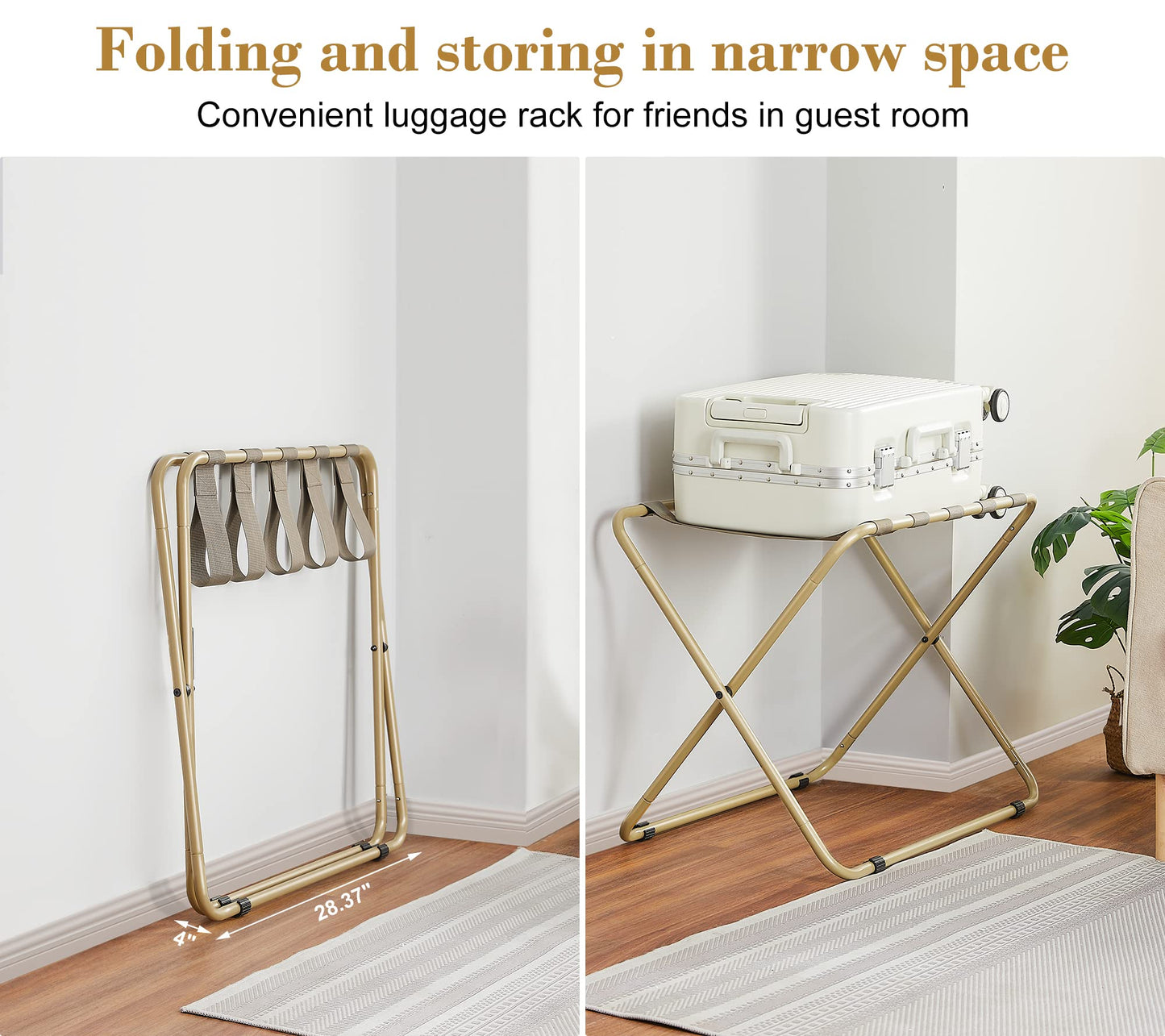 ELYKEN Luggage Rack for Guest Room 2 Pack, Folding Suitcase Stand, Heavy Duty 110LBS Load Bearing Easily Assemble Luggage Holder, Gold