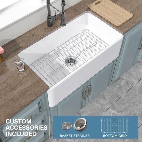 HOMLYLINK White Farmhouse Sink 33 x 18 Inch, Firecaly Apron Front Farm Sink, Heavy Duty, Large Capacity Single Bowl, with Accessories 2 Types, Undermount, Pure White, for Kitchen