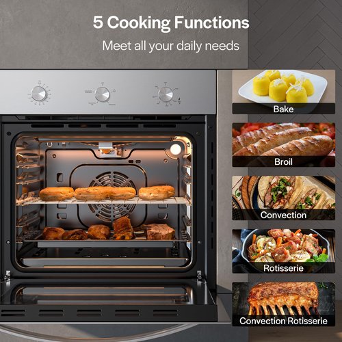 Empava 24" Single Gas Wall Oven with Bake Broil Rotisserie Functions with Mechanical Controls and Built-in Timer and Convection Fan in Stainless Steel