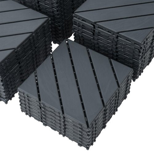kejector 44 Pack Plastic Interlocking Deck Tiles,Patio Deck Tiles 12"x12" Square Waterproof Flooring Outdoor All Weather Use Slip-Resistant Decking Tiles for Poolside Balcony Backyard,Twill Lines