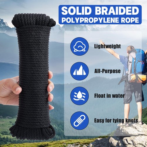 SDLTHR 1 Pack 1/4 Inch 100 ft Solid Braided Polypropylene Rope, Outdoor Ropes, All Purpose Boat Marine Thick Tie for Camping and Flag Pole, Indoor and Outdoor Use, Black