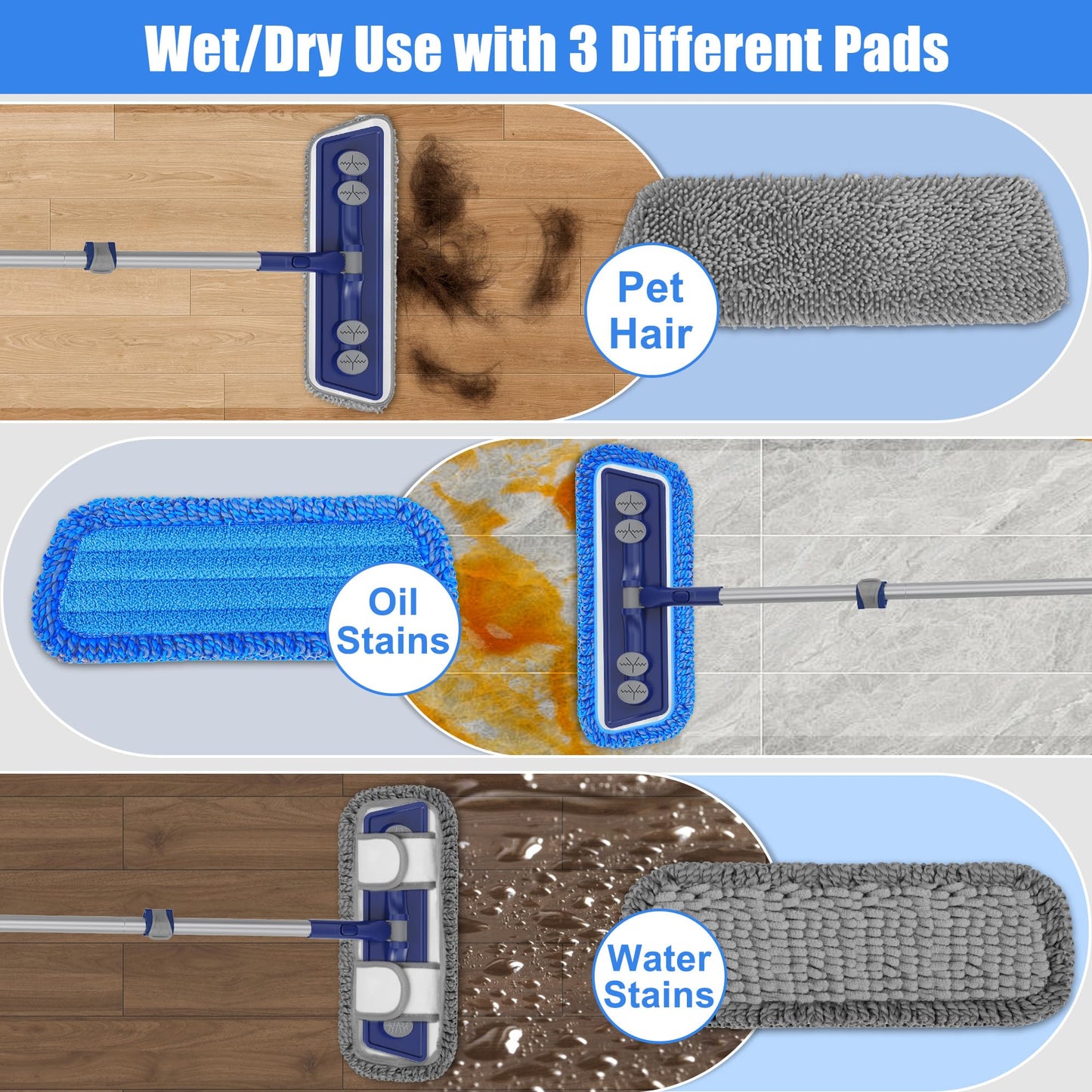 FORSPEEDER Microfiber Mops for Floor Cleaning - Dust Mop for Hardwood Floors with 55” Adjustable Handle 3 Thickened Washable Pads - Wet Dry Mopping for Pet Hairs Walls Tile Wood Laminate Home Kitchen
