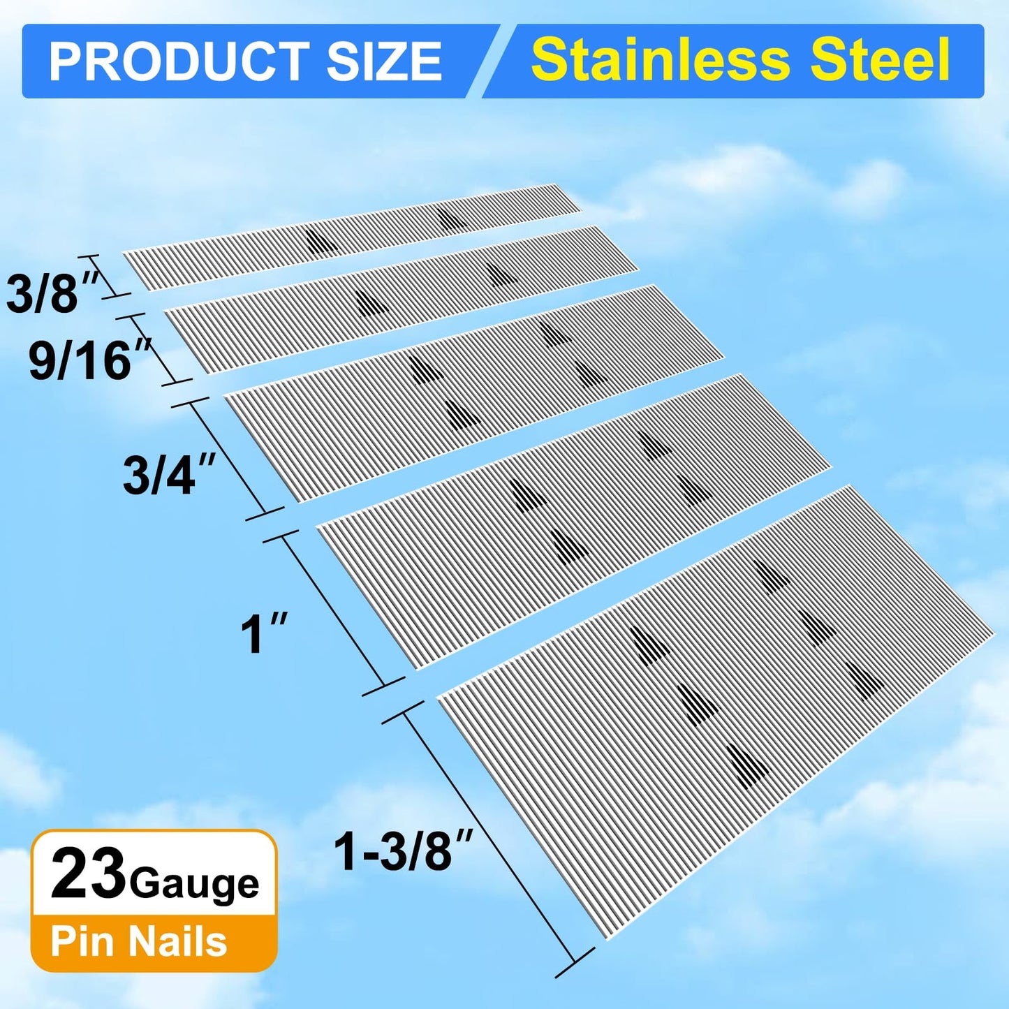SimCos 23 Gauge Stainless Steel Pin Nails Headless Pinner Nails (3/8",9/16",3/4",1",1-3/8") Assorted 5 Sizes for Molding Cabinetry Building Assembly (5000)