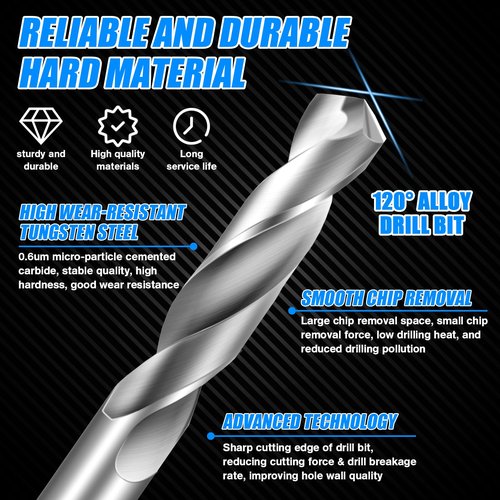 Drill Bit Set 6 Pcs Solid Carbide Drill Bits, 1/2" 3/8" 1/4" 1/8" 3/16" 1/16" Tungsten Carbide Drill Bits, Metal Drill Bit Set for Aluminum Alloy Copper Steel Hardened Steel Cast Iron