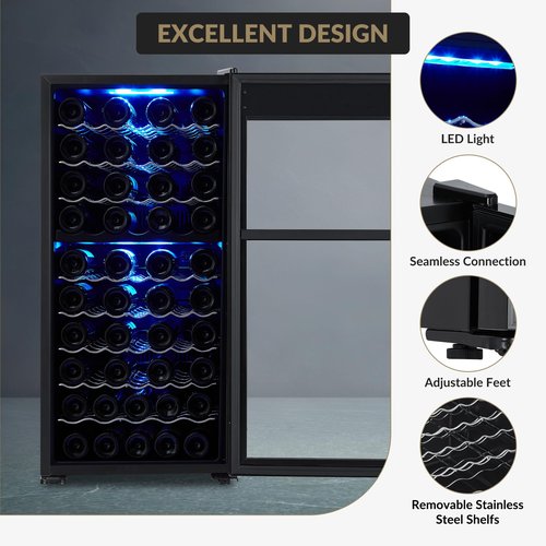 Vossfamul 66 Bottle Freestanding Wine Fridge, Dual Zone Compressor Wine Cooler with 41℉-64℉ Digital Temperature Control, Double Tempered Glass Door, 5.86 Cu.Ft, capacity for Soda Beer Wine