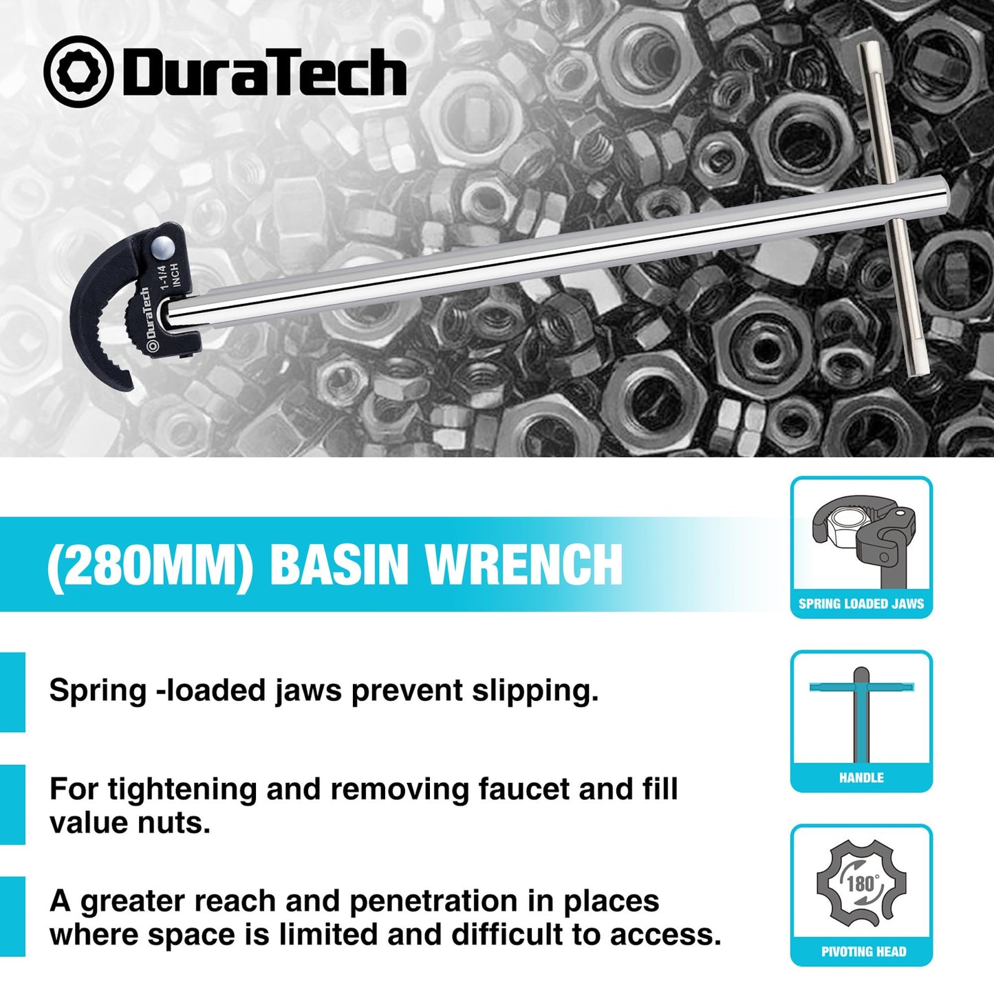 DURATECH 11" Basin Wrench, Sink Wrench, Adjustable Tap Nut Spanner Basin Spanner, Capacity of 3/8" to 1-1/4" for Fixing Back and Union Nuts Under Sink