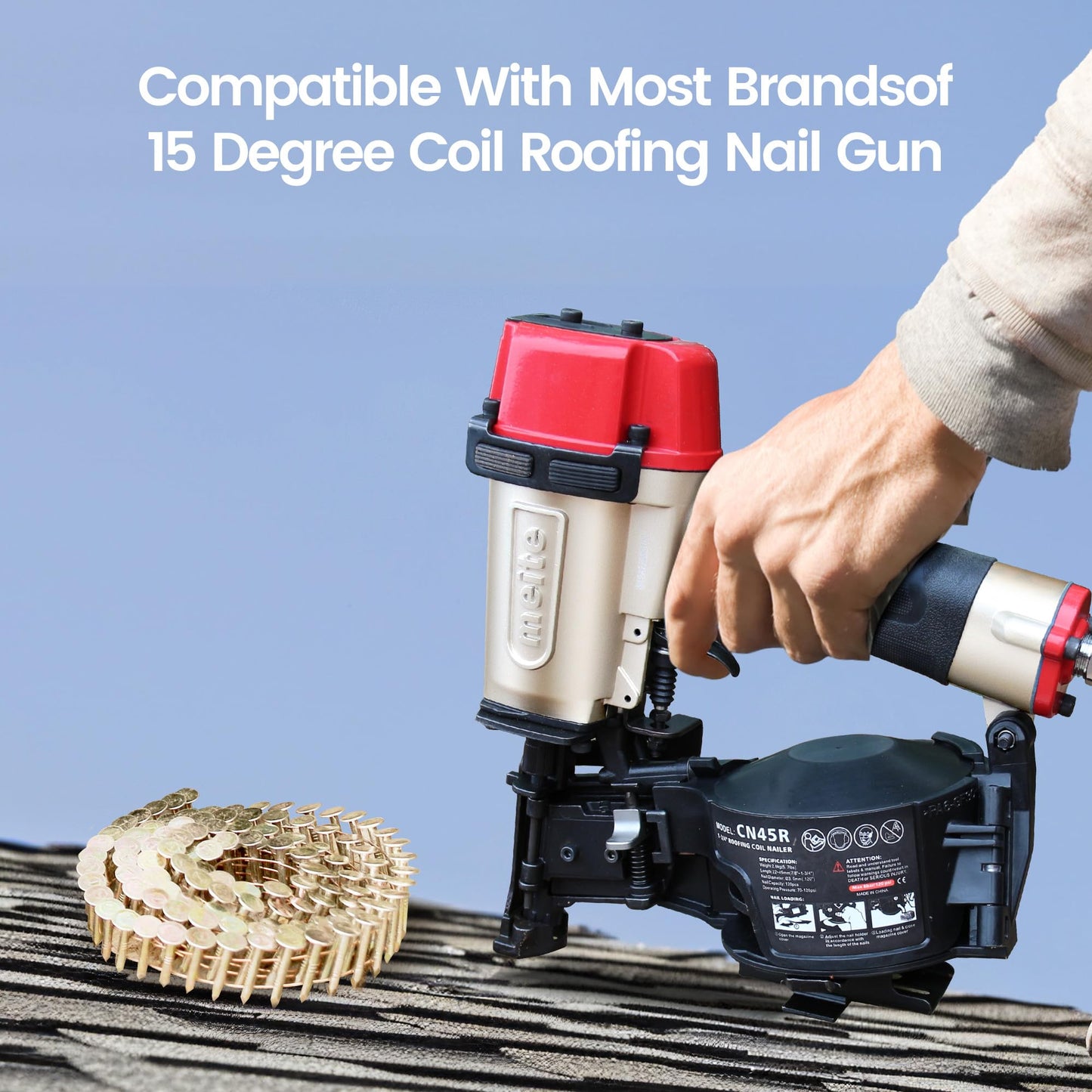 meite Roofing Nails 15 Degree Electro Galvanized Coil Nails 1-1/2-Inch, Rust-Proof Big Head Roofing Nails for Electric or Pneumatic Nailer Gun, Wire-Collated Coil Nails for Lathing Sheathing, 7200PCS