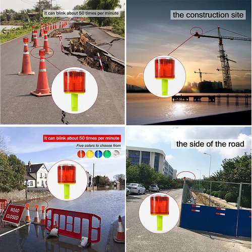Solar Strobe Warning Light: IP54 Waterproof Flashing Safety High Bright LED Warning Lamp Traffic Light for Construction, Factory, Safety Road Sign, Dock Marine Beacon (Red-Column)