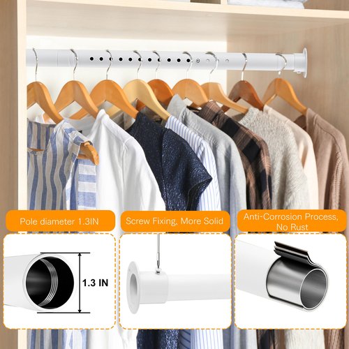 Closet Rod, 17 to 99 inches Adjustable Closet Rods for Hanging Clothes Heavy Duty Closet Hanging Rod Metal White Rod for Closet, Wardrobes, Bathroom, Windows