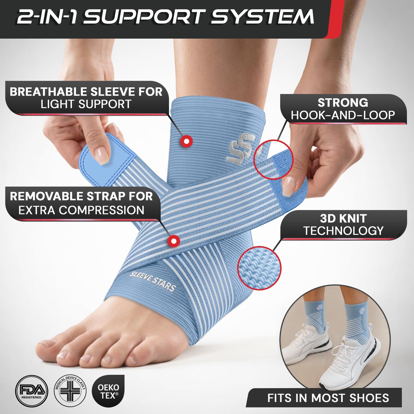 Sleeve Stars Ankle Brace for Women & Men, Ankle Wrap for Sprain, Compression Sleeve for Plantar Fasciitis Relief, Easy Customizable Support: w/ Removable Strap (Single/M:10"-12"/Light Blue)