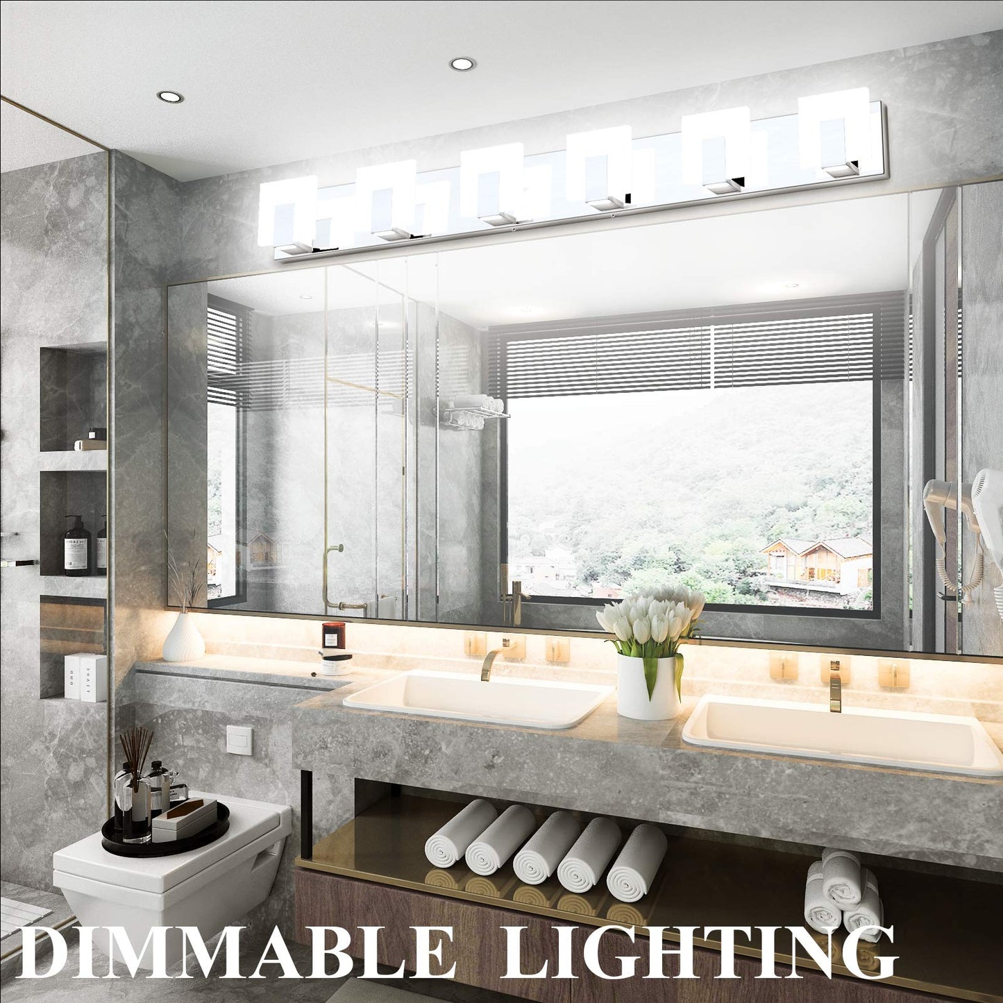 Aipsun 6 Lights Dimmable Modern LED Bathroom Vanity Light Acrylic Stainless Steel Chrome Up and Down Bathroom Wall Light Over Mirror(White Light 6000K)