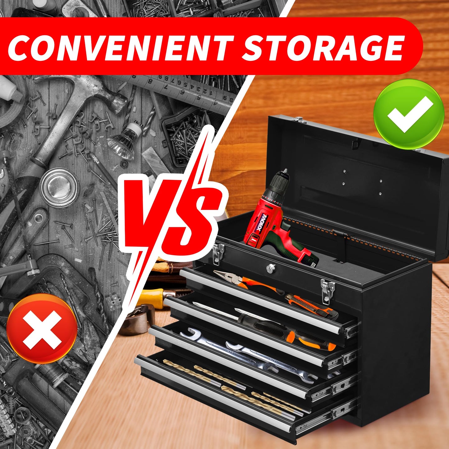 lunhung 4 Drawers Metal Tool Box Portable Steel Tool Chest with Metal Latch Closure & Key Lock, 20" Portable Drawer Toolbox Storage Tray Toolbox with Handle (4 Drawers - Black)