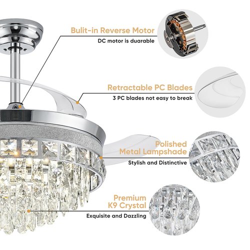 42” Fandelier Ceiling Fan with Light, Chandelier Ceiling Fans with Lights, Crystal Ceiling Fans for Bedroom Living Room, LED Dimmable, 6 Wind Speed,3 Color Temperatures-Chrome