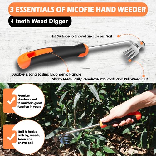 Nicofie 2025 Hand Weeder Tool, Rubber Handle Manual Weeder Puller Tool, Uprooting Weeding Tools, Crack Weeder Crevice, 4 Teeth Weeding Tool, Weeding Artifact Tool for Gardening(3 Pcs)