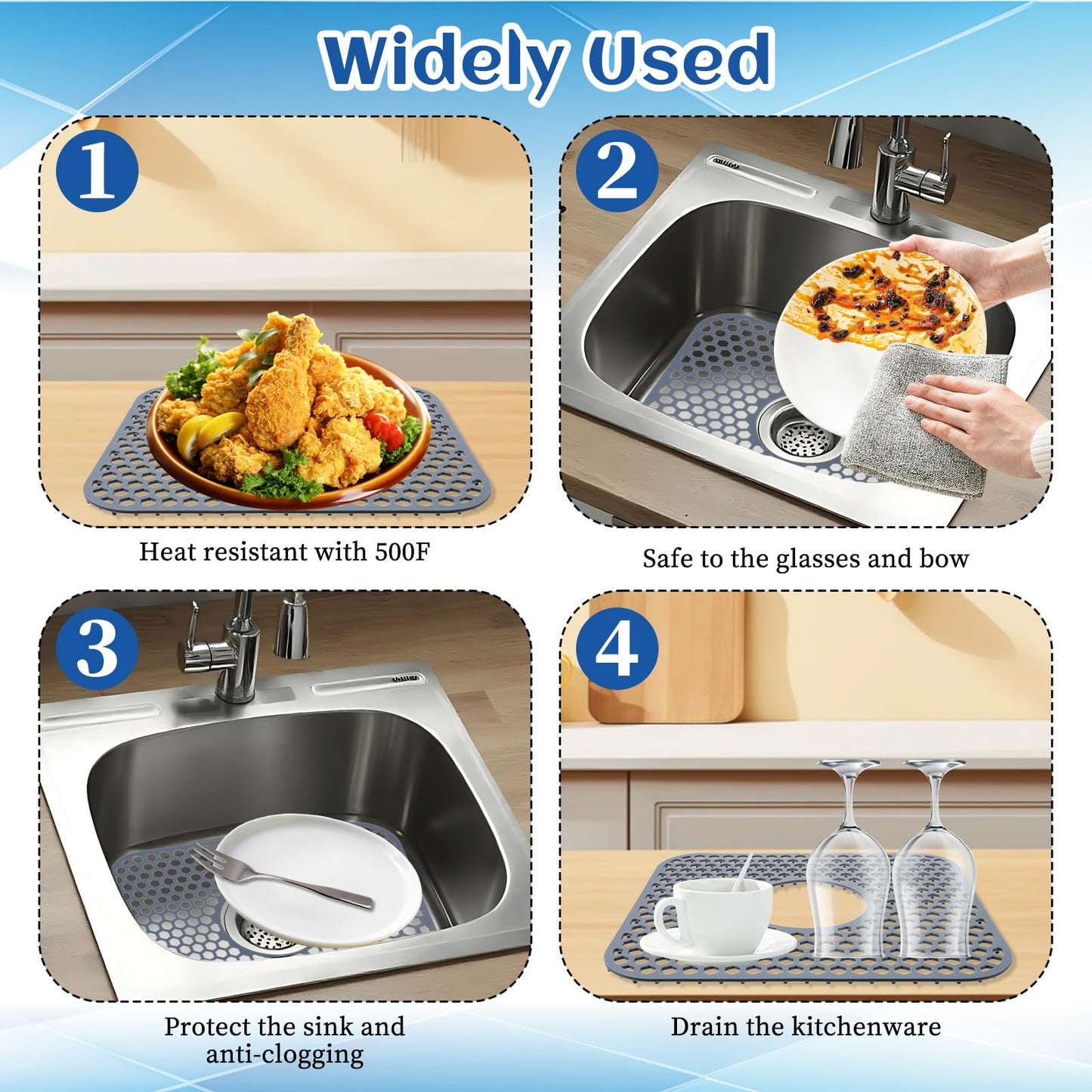 3pcs Grey Kitchen Sink Mats and Sink Saddle Set,13.38 X 11.4inch Non-Slip Heat Resistant Silicone Sink Mat Sink Bottom Grid Sink Divider Center Drain