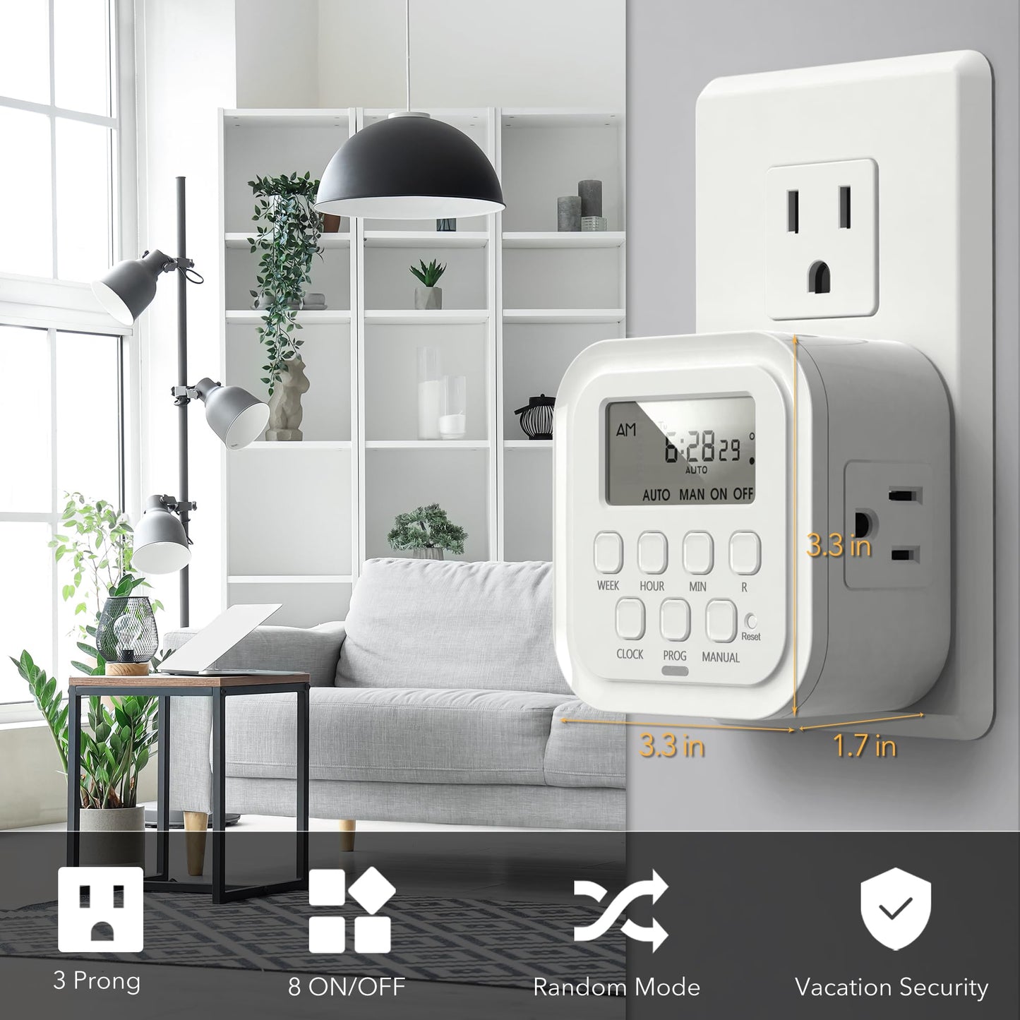 HBN 7 Day Heavy Duty Digital Timer, Dual Outlet, On/Off Programs 3-Prong Programmable Timer, Indoor, for Lamp, Light, Fan, Pets, Home, Kitchen, Office, Appliances, 125V, 15A, 1875W, 60Hz