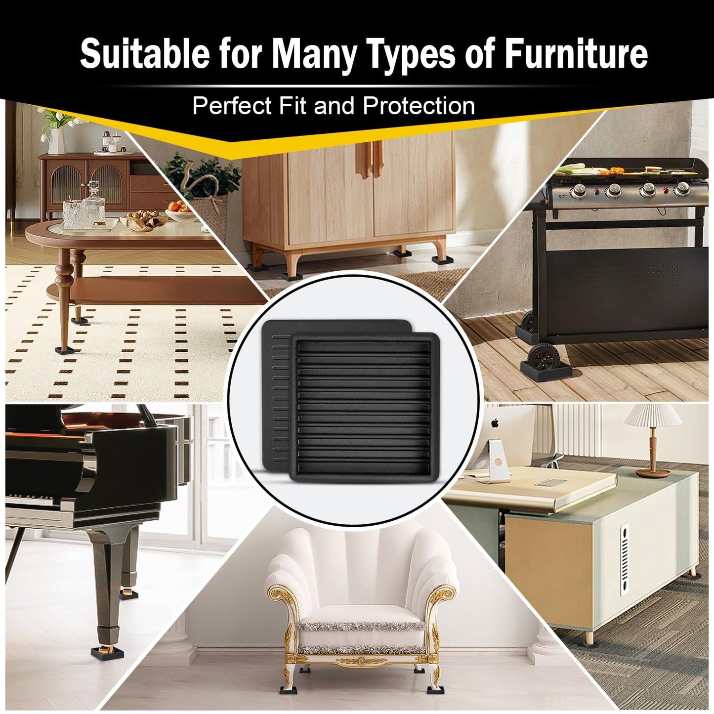 xxxHOLIC Non Slip Furniture Pads for Hardwood Floors, 2 * 2 Inch Black, Set of 4, Rubber Bed Stoppers to Prevent Sliding, Furniture Coasters for Protecting Floors from Scratches and Reduce Noise