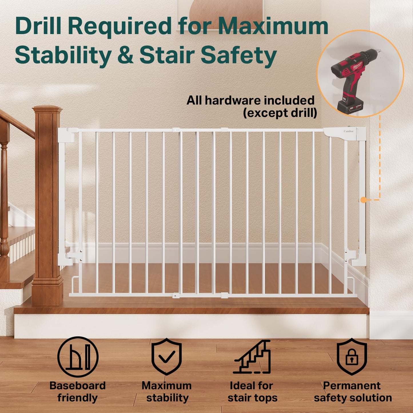 Cumbor 35.1-55" Wide No Bottom Bar Baby Gate for Stairs, 2-in-1 Auto Close Dog Gate Indoor, Hardware Mounted Pet Gate for Doorways with Large Walk Thru Door, Child-Proof Safety Gate for Kids (White)