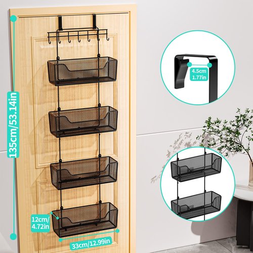 HapiRm Over The Door Organizer - Hanging Door Organizer with 4 Metal Large Capacity Baskets and Adjustable Coat Hook for Bathroom Bedroom Kitchen Pantry Closet Cabinet