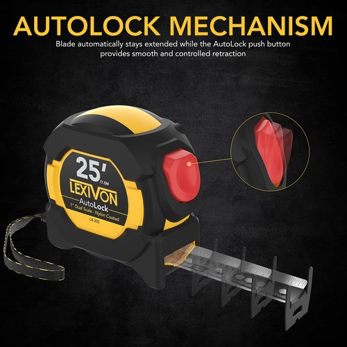 LEXIVON 25Ft/7.5m AutoLock Tape Measure | 1-Inch Wide Blade with Nylon Coating, Matte Finish White & Yellow Dual Sided Rule Print | Ft/Inch/Fractions/Metric (LX-205)