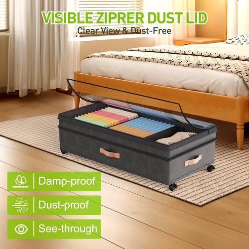 Under Bed Storage with Wheels, 2Pack Expandable UnderBed Storage Containers with Clear Lid & Label, XXL 70L Under The Bed Storage Bins for Clothes, Shoes, Blankets, Books, Toys (Black)