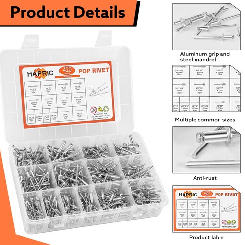 420 Pcs 14 Size Pop Rivets Assortment Kit Aluminum Rivets (3/32" 1/8" 5/32" 3/16"), Assorted Blind Rivets with Divider Labeled Case for Storage