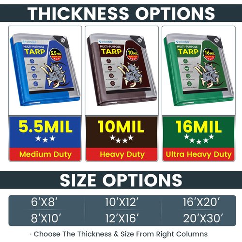 TICONN Heavy Duty Tarp Cover, Extra Thick Tarps Waterproof Tear and Rip Proof UV Resistant Tarpaulin with Reinforced Grommets and Edges (5.5 Mil, 6'x8')