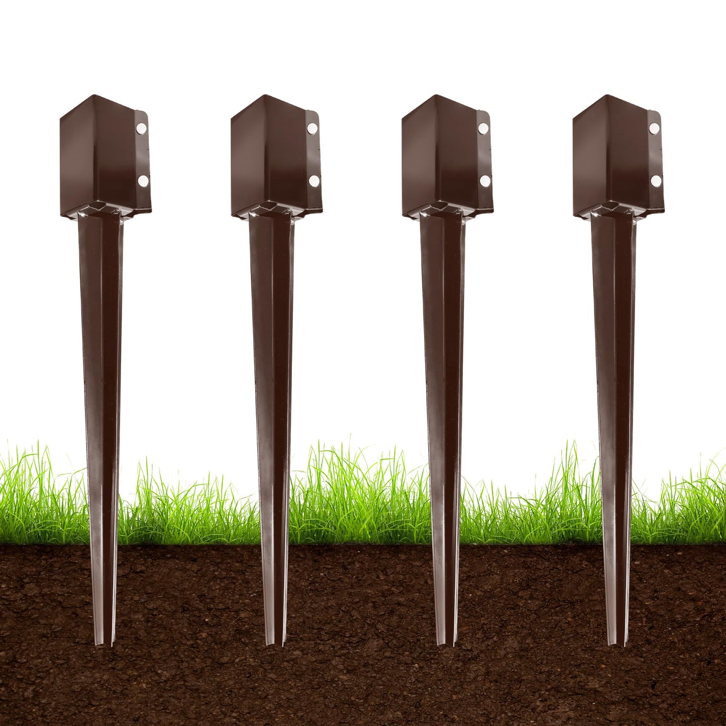 ARIFARO 4x4 Fence Post Anchor Ground Spike, 32 Inch Heavy Duty Powder Coated Metal Post Anchor for Mailbox, Fence & Garden Posts, Fits 3.5" x 3.5" Actual Post, Brown, Pack of 4