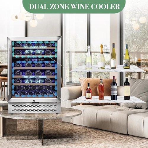 EliteEdge 51-Bottle Dual Zone Wine Cooler,Quiet Operation, LED Lighting, Adjustable Shelves, Freestanding/Built-In Design with Lockable Glass Door