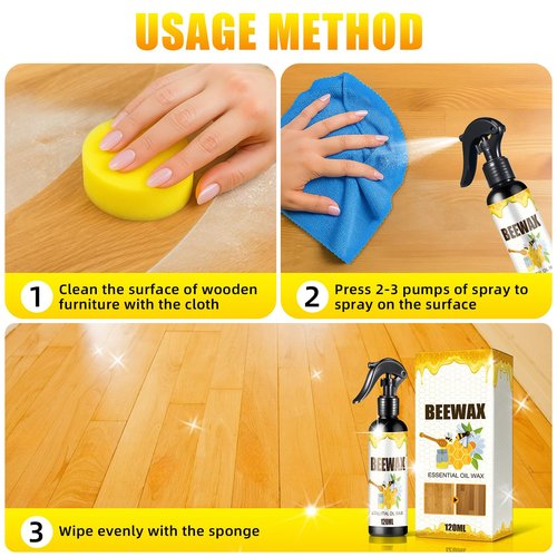 G · PEH 2PCS Natural Beeswax Care Spray & Restorer: Beeswax Spray Furniture Polish, Wood Cleaner,Natural Wood Furniture Polish for Floor, Tables, Cabinets (240ml+Sponge+Cloth)