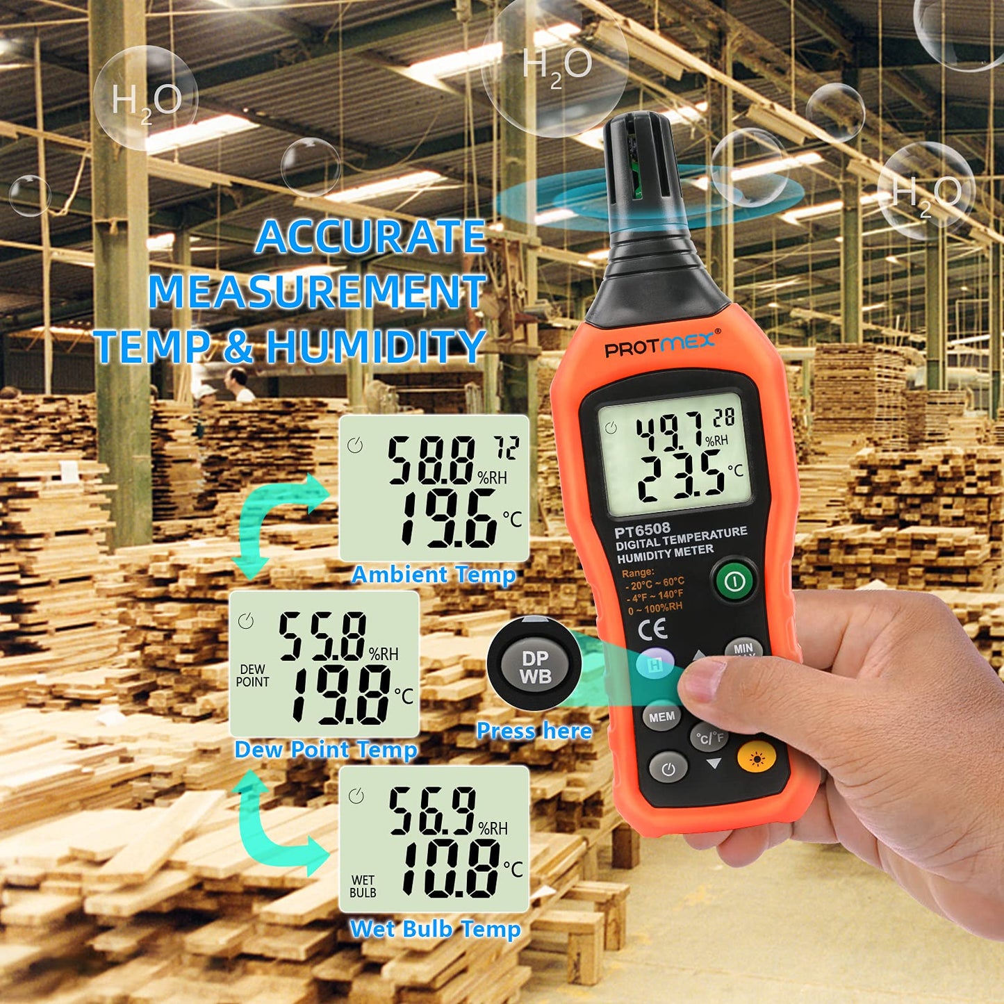 Protmex PT6508 Temperature Humidity Meter, Digital Thermometer Hygrometer Monitor with Ambient, Dew Point, Wet Bulb for Indoor/Outdoor MIN, MAX, Data Hold, LCD Backlight