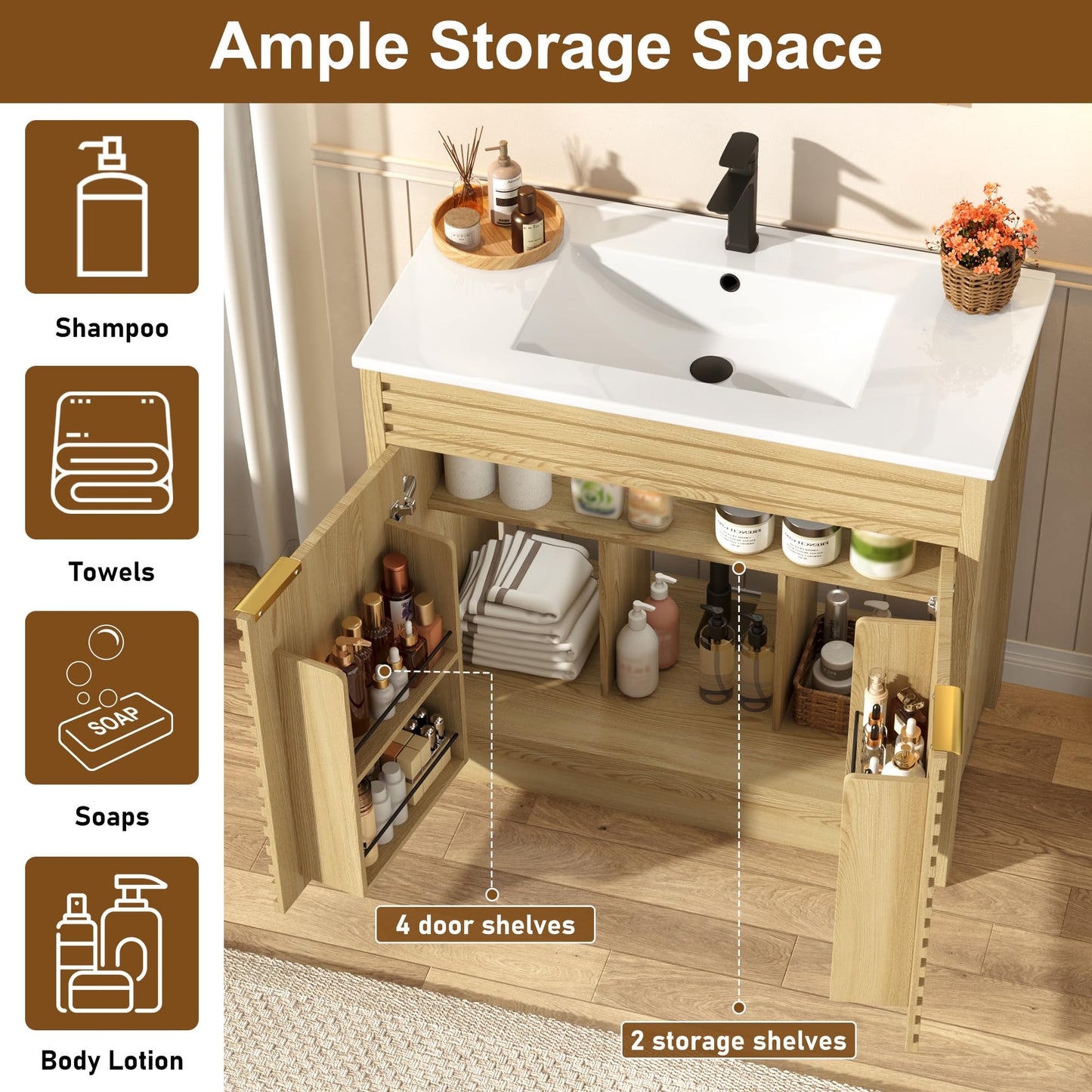 Squireewo 36 Inch Bathroom Vanity with Sink, Mid-Century Modern Bathroom Vanity with Storage Cabinet, Freestanding Bathroom Cabinet with Door Shelves and Faucet, Light Oak