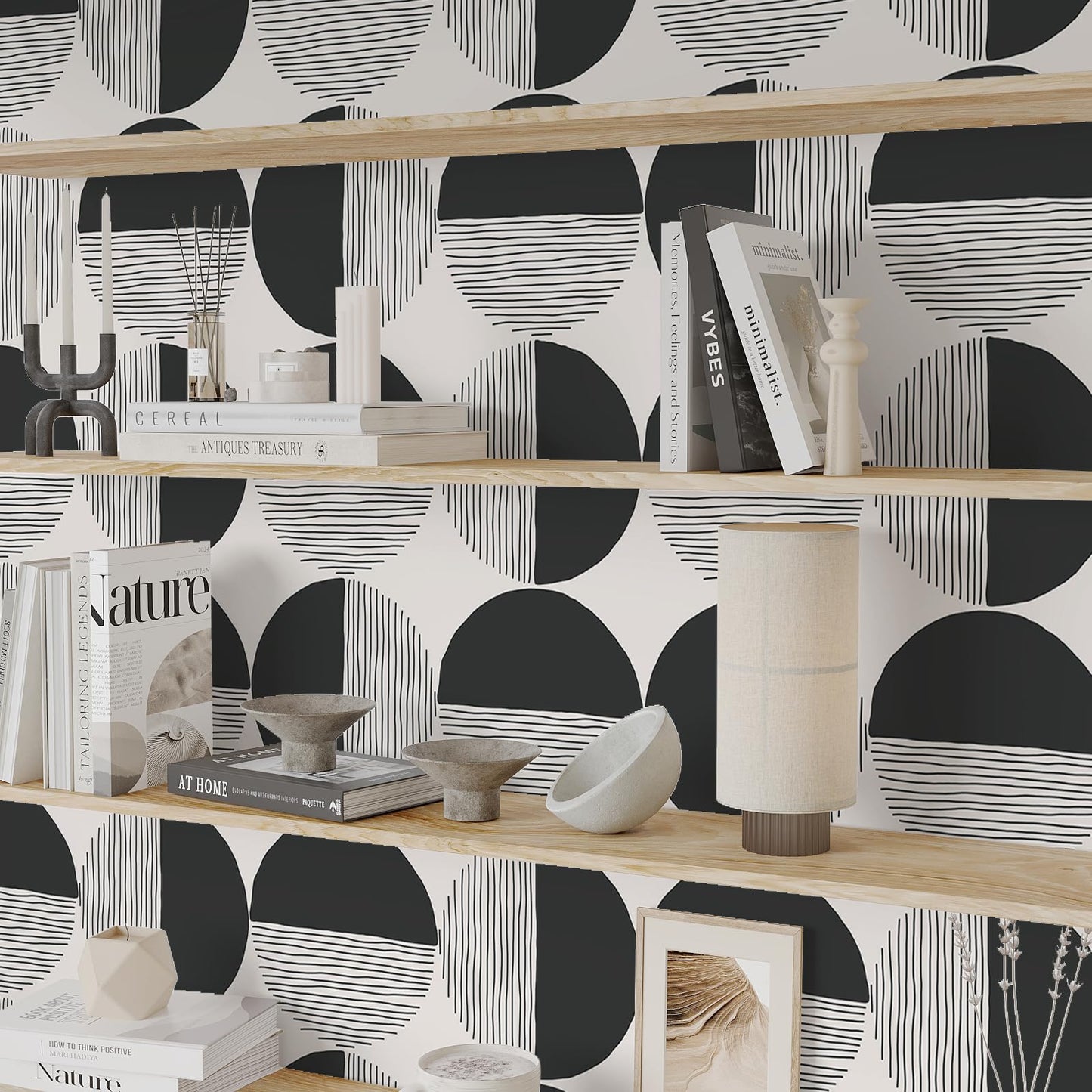 VEELIKE Abstract Circle Geometric Peel and Stick Wallpaper Modern Black Mid Century Wallpaper for Bedroom 17.7''x118'' Self Adhesive Geometric Wall Paper Removable Contact Paper for Cabinets Walls