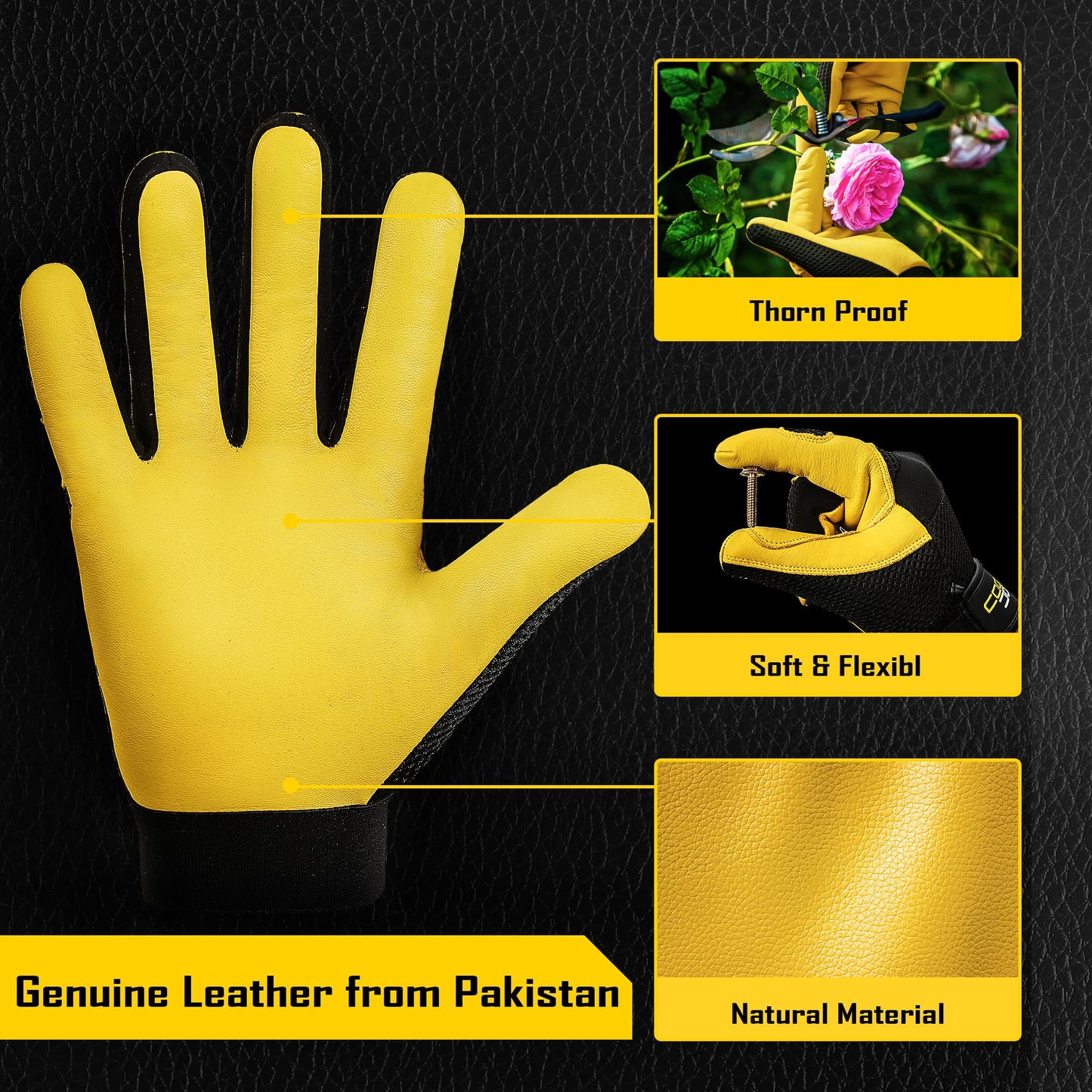 COOLJOB Breathable Mesh Cowhide Leather Work Gloves with Grip, Thorn Resistant Gloves for Gardening Pruning, 1 Pair, S
