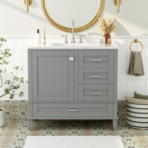 Mirightone 36" Bathroom Vanity with Sink, Bathroom Vanities 36 Inch with Sink, 36 Bathroom Vanity with Top Including 3 Drawers and 1 Soft Closing Door, Vanity with Sink for Bathroom (Grey)