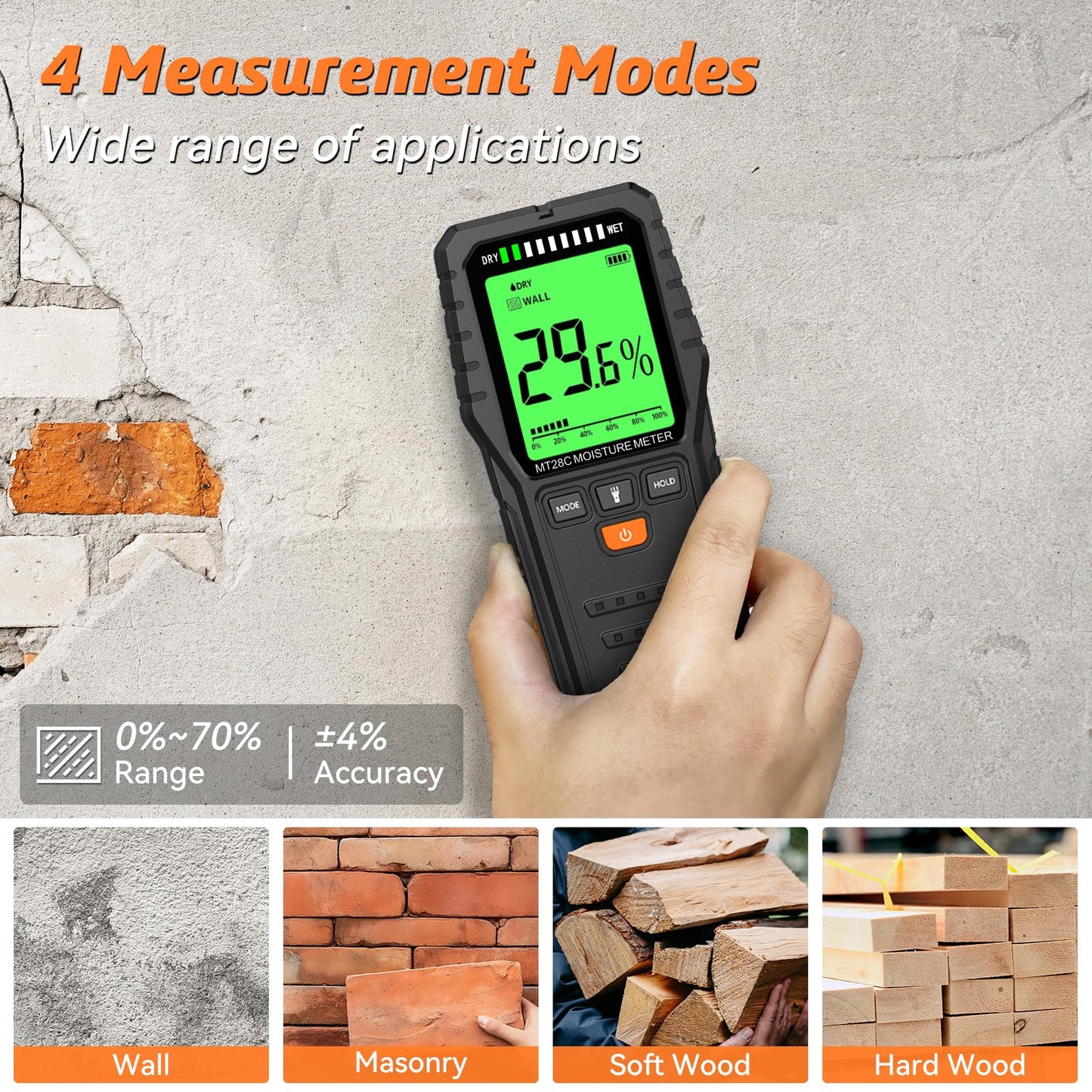 Pinless Moisture Meter MESITOOL Digital Moisture Meters for Wood Lumber Moisture Detector for Firewood Concrete Come with 9v Battery and Carry Bag (MT28)
