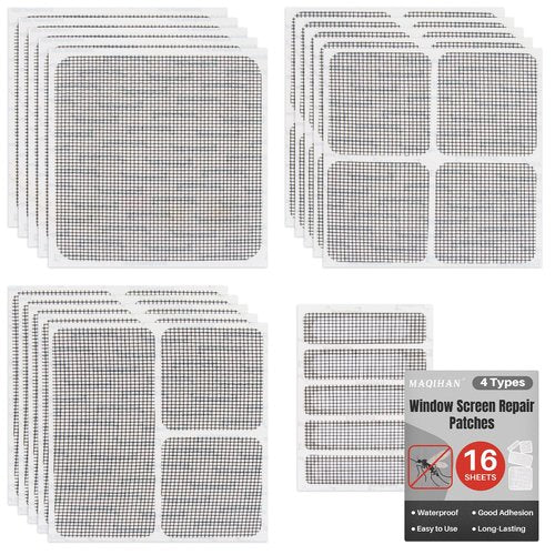 MAQIHAN 16Sheets Window Screen Repair Kit - Black Self-Adhesive Screen Patch Repair Kit, 4 Sizes Patches Mesh Tape for Mesh Screens Door, Window Drain Holes, Strong Adhesion Easy to Use