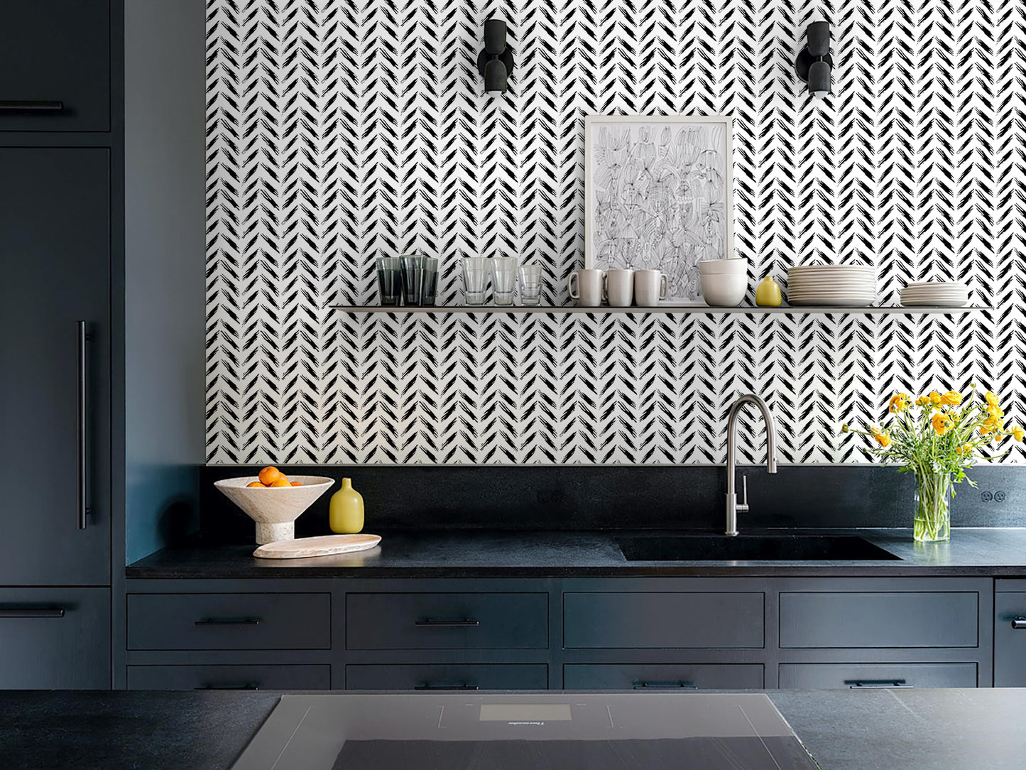 Micpolo Black and White Peel and Stick Wallpaper Modern Self-Adhesive Contact Paper Thicken Waterproof Easy to Clean Decorative Removable Wall Paper Herringbone for Bedroom Bathroom 17.3in x 78.7in