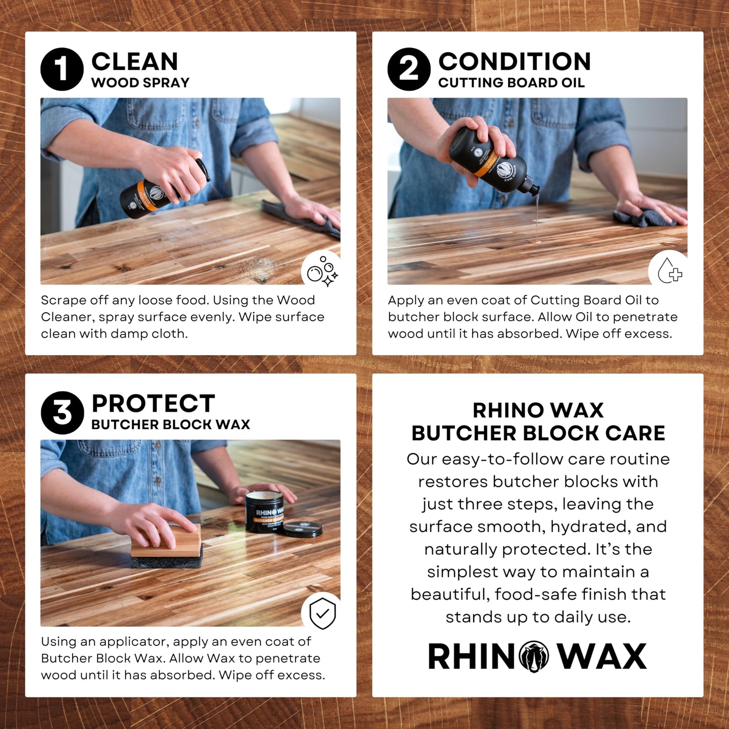 Rhino Wax Butcher Block Cleaning Kit - Includes Cutting Board Wood Spray Cleaner, Bench Scraper, Microfiber Cloth - for Butcher Block Countertops, Islands, Large Cutting-Boards - Natural - Food Safe