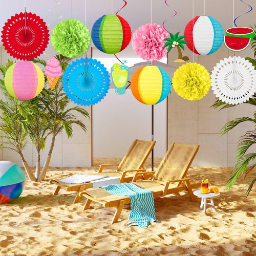 14Pcs Beach Party Decorations Paper Lanterns Fans Pom Poms Hanging Swirls - Luau Pool Summer Hawaiian Tropical Themed Decor for Home Birthday Outdoor Indoor