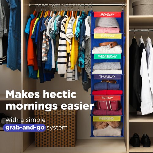 Weekly Clothes Organizer for Kids - 6-Shelf - Hanging Closet Daily Clothing Organization Labeled Shelves with Days of The Week Monday Through Friday, Weekday and Weekend (Blue)