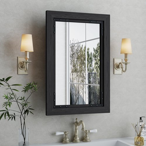 FLYJOE Medicine Cabinet Mirror 16x24 Inch Farmhouse Bathroom Mirror Door Solid Wood Storage Cabinet with Adjustable Shelves, Wall Mounted for Bathroom Living Room, Black